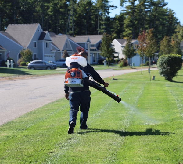 Professional pest control technician on property applying a spray organic mosquito and tick prevention treatment for home, yard, and garden.