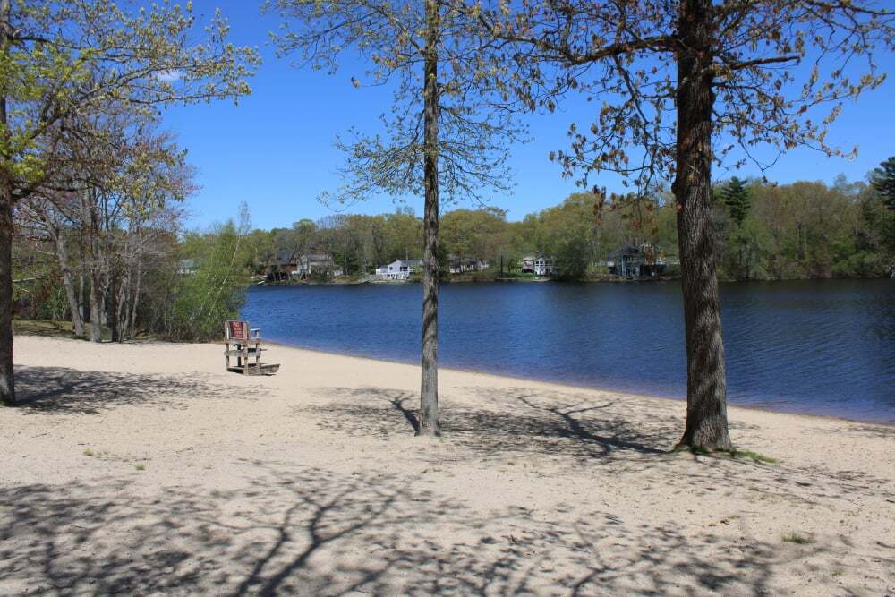 Ames Long Pond waterfront and trees in Stoughton Massachusetts